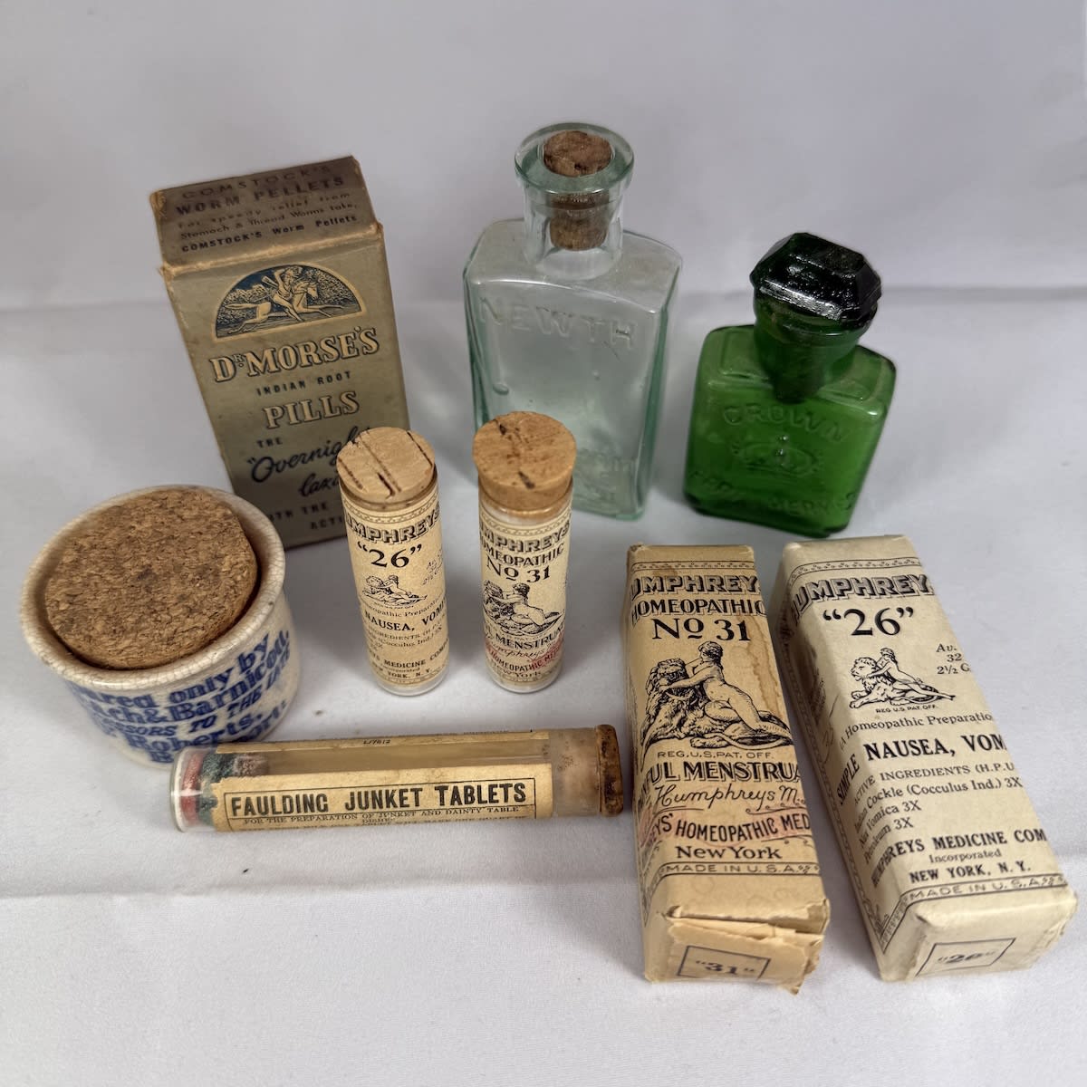 9 Medicine type items. Humphreys Packaging Dr Morses Indian Root Pills Crown Perfumery Poor Mans Friend Newth bottle Fauldings Junket Tablets.