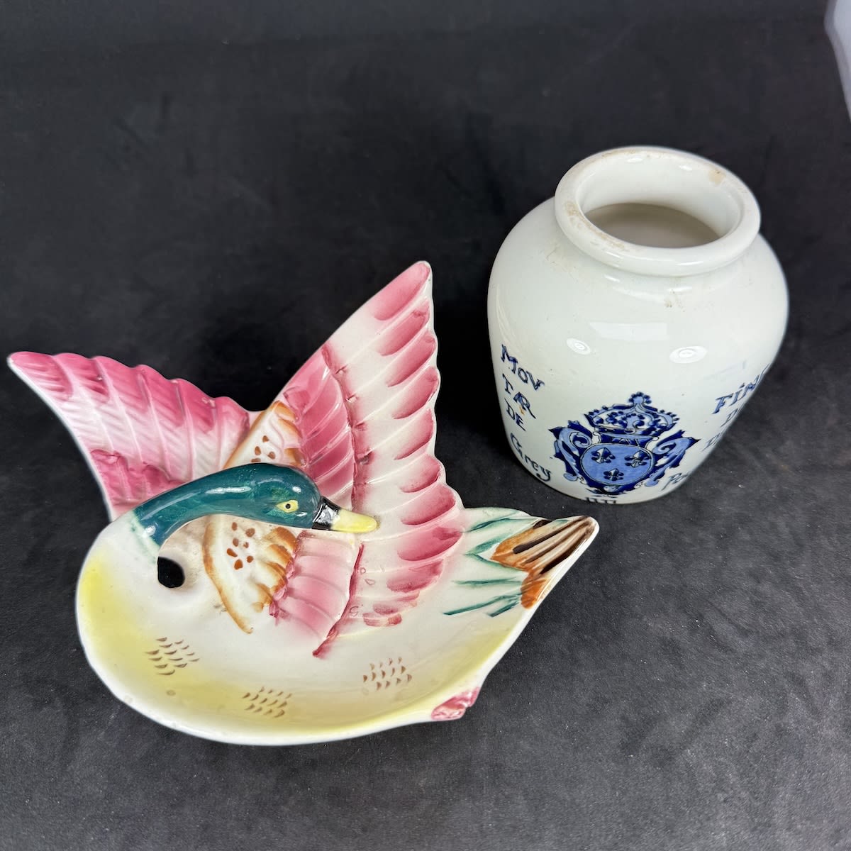 2 Pottery Items: Small Flying Duck type bowl and Grey Poupon Dijon mustard jar.