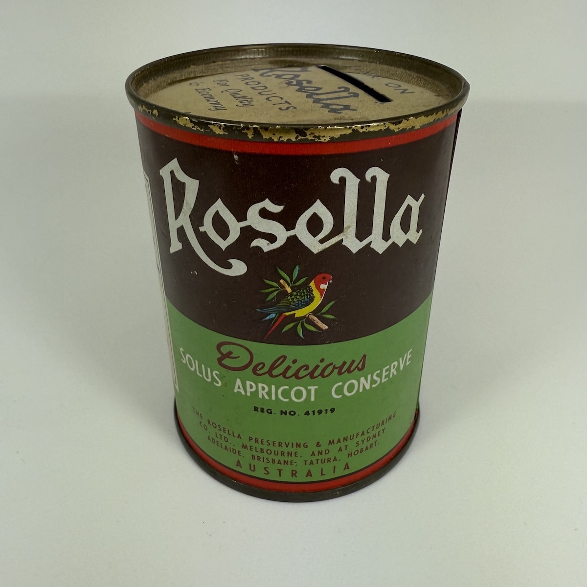 Advertising Money Box. Bank on Rosella Products. Rosella Solus Apricot Conserve. The Rosella Pres. & Man. Co. Ltd. Melbourne, Sydney, Adelaide, Brisbane, Tatura, Hobart.