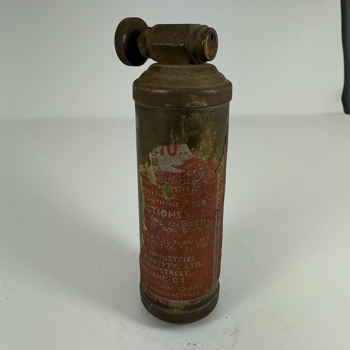 Mini Copper/Brass Fire Extinguisher. Just part of label for Wormald Industries Melbourne