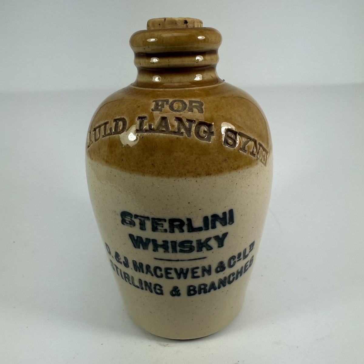 Sample Whisky Jug. Sterlini Whisky. D & J. Macewen & Co Ltd. Stirling & Branches. For Auld Lang Syne.