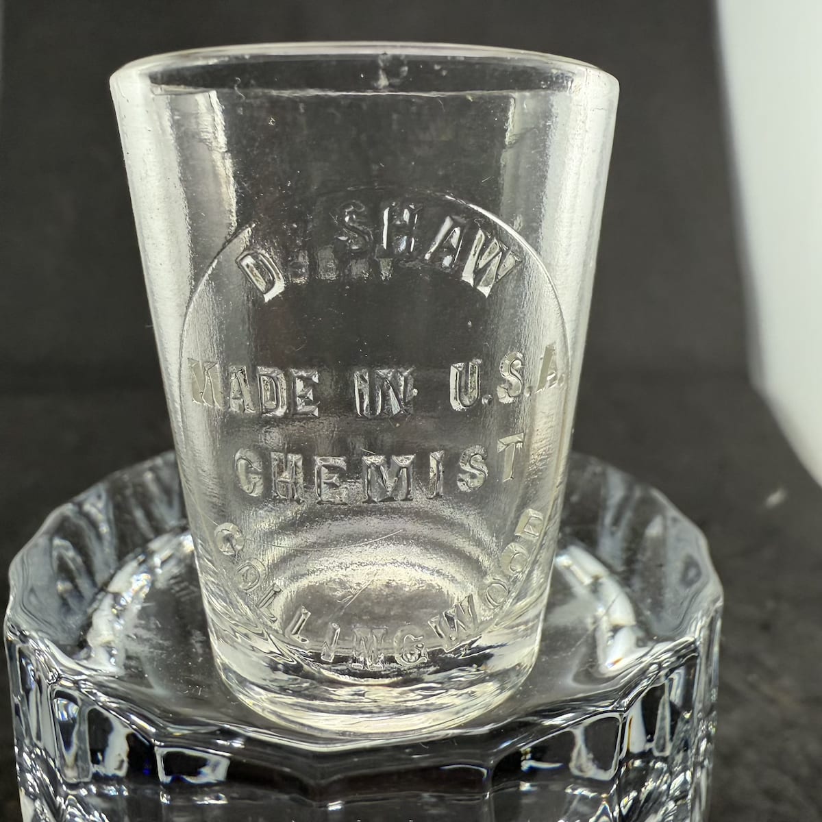 Medicine Glass Dose Cup. D. Shaw, Chemist, Collingwood. Whitall Tatum. 1 Table spoon size. (Victoria)