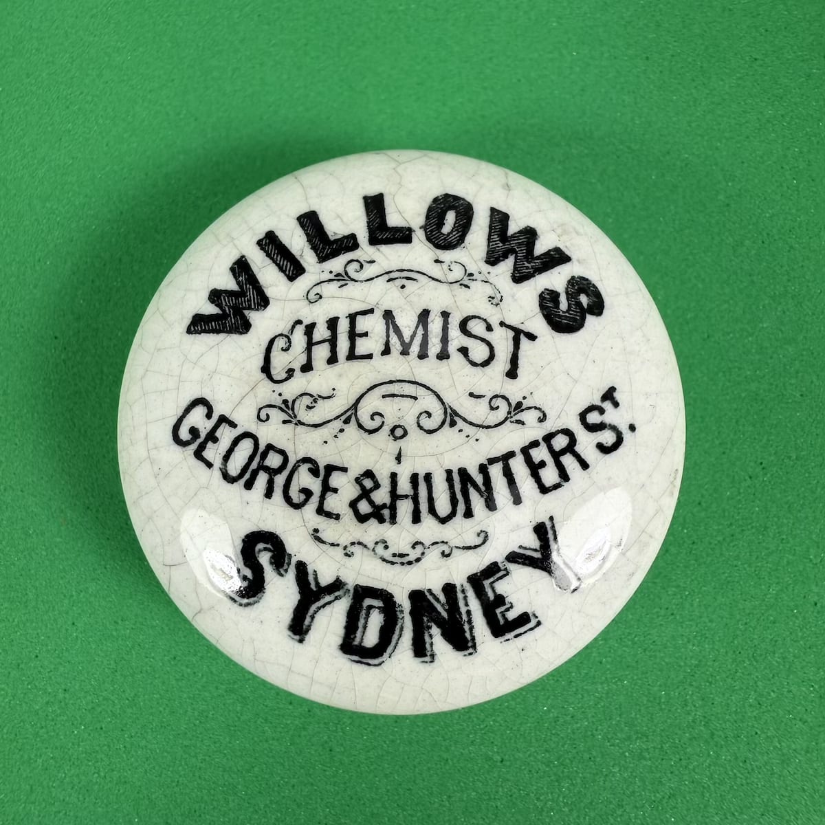 Pot Cap. Willows, Chemist,. George & Hunter St., Sydney. (New South Wales)