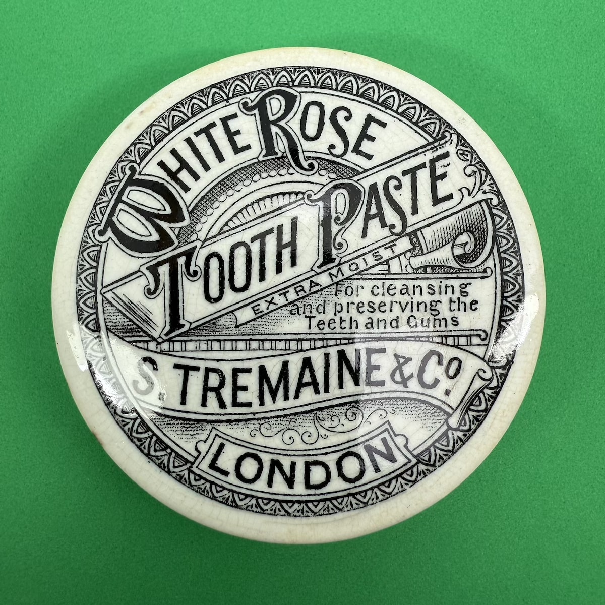 Pot Lid. S. Tremaine & Co., London. White Rose Tooth Paste. Black & White. 70 mm diameter