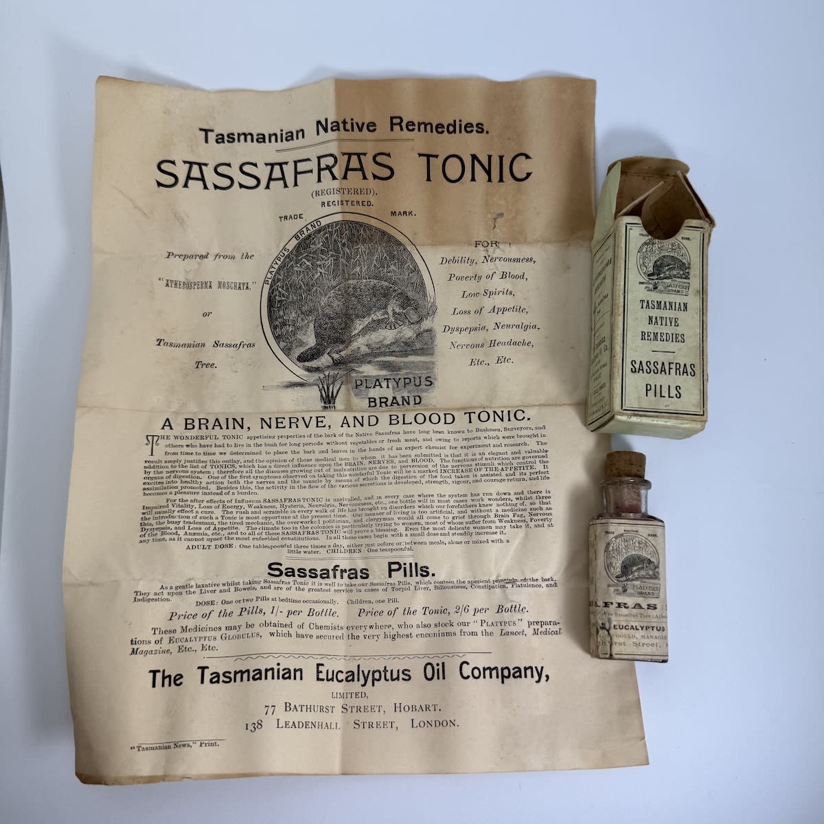 Bottle with original label and packaging. Tasmanian Native Remedies. Sassafras Pills. The Tasmanian Eucalyptus Oil Co. H. T. Gould Hobart. Platypus Brand. (Tasmania)