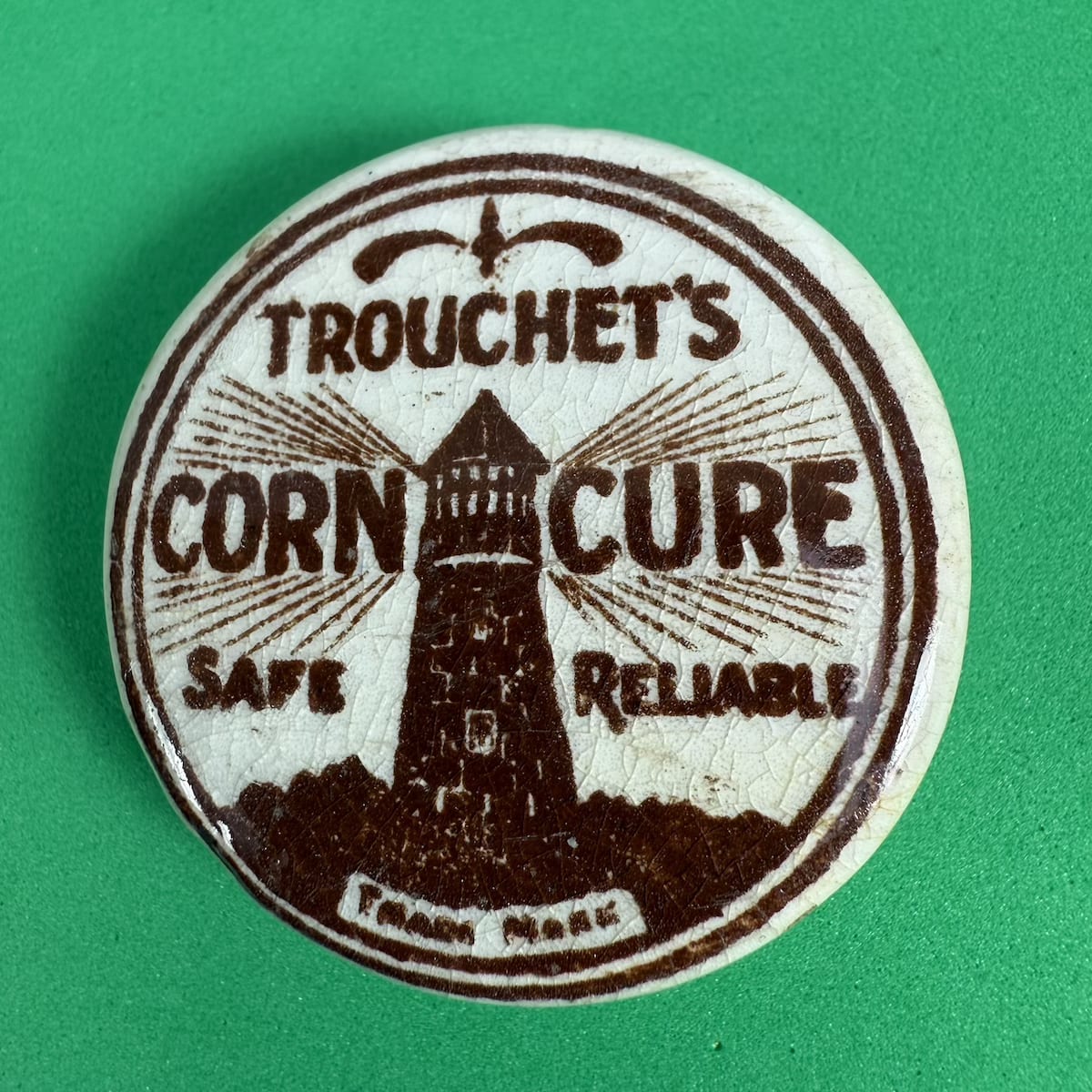 Pot Lid. Trouchet's Corn Cure. Lighthouse. Brown Print. (Western Australia)