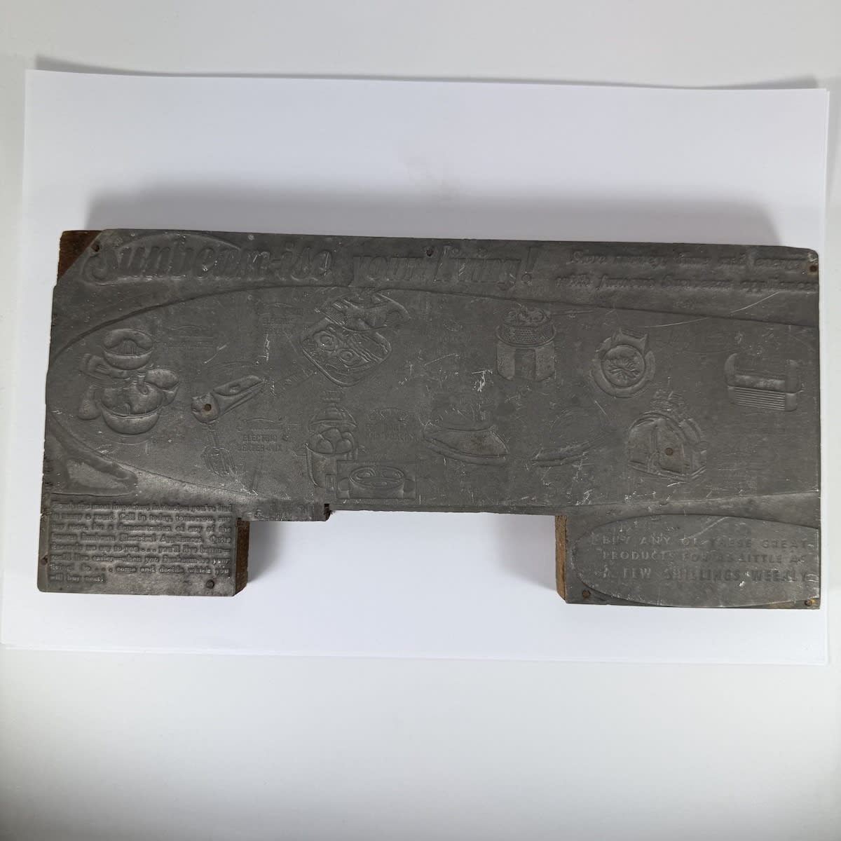 Large Printers block. Sunbeam-ise your living! Pictorials of lots of products. "For a few shillings weekly". Originally from a Deniliquin NSW Newspaper.