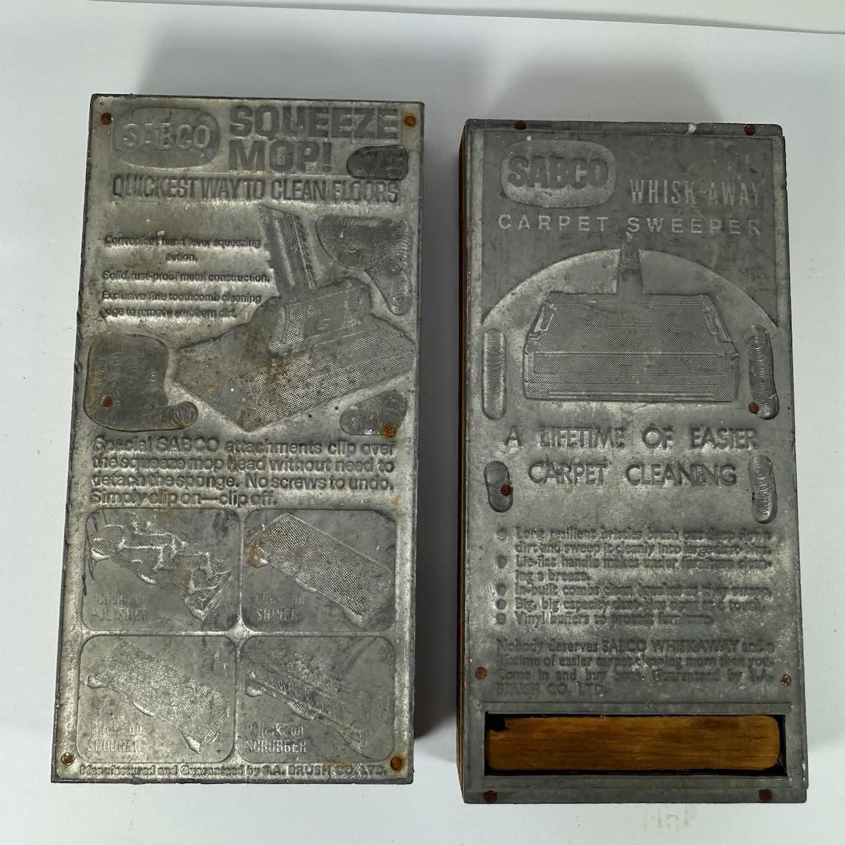 2 Printers blocks: SABCO Squeeze Mop and SABCO Carpet Sweeper. From a Deniliquin NSW Newspaper.