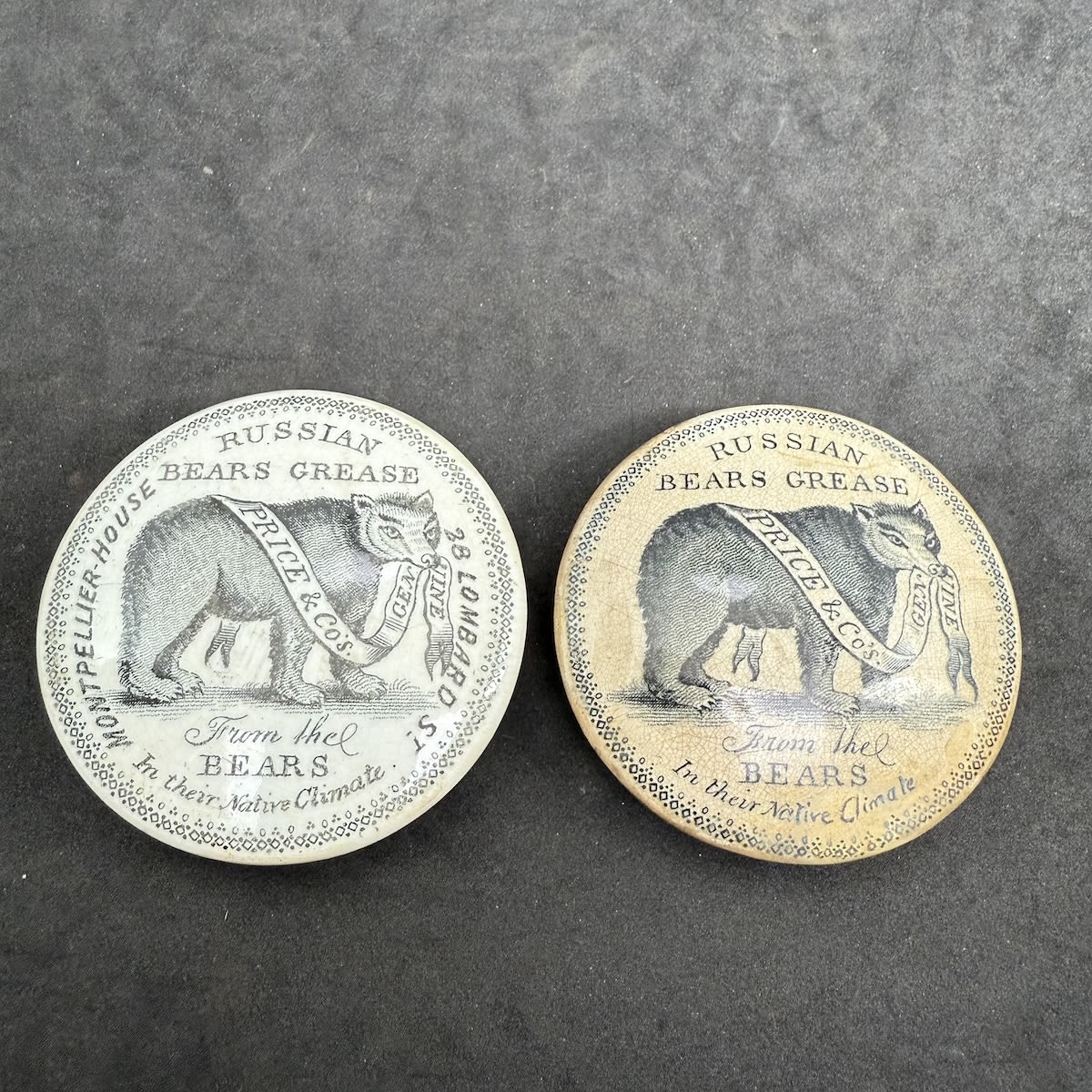 2 Pot Lids: 2 variations of Price & Cos Genuine Russian Bears Grease. Address & No Address. Black & White.