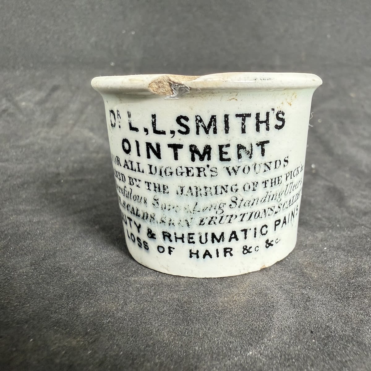 Ointment Pot. Dr. L. L. Smith's Ointment. Small Holloway's type pot. Black & White. (Melbourne, Victoria)