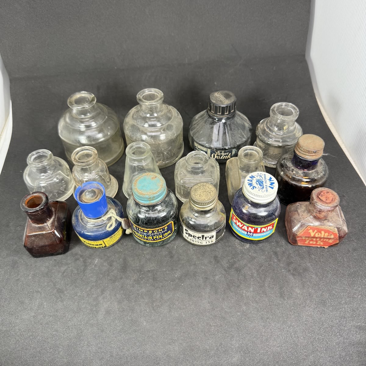 16 20th Century Glass Inks. Some labelled, contents etc.