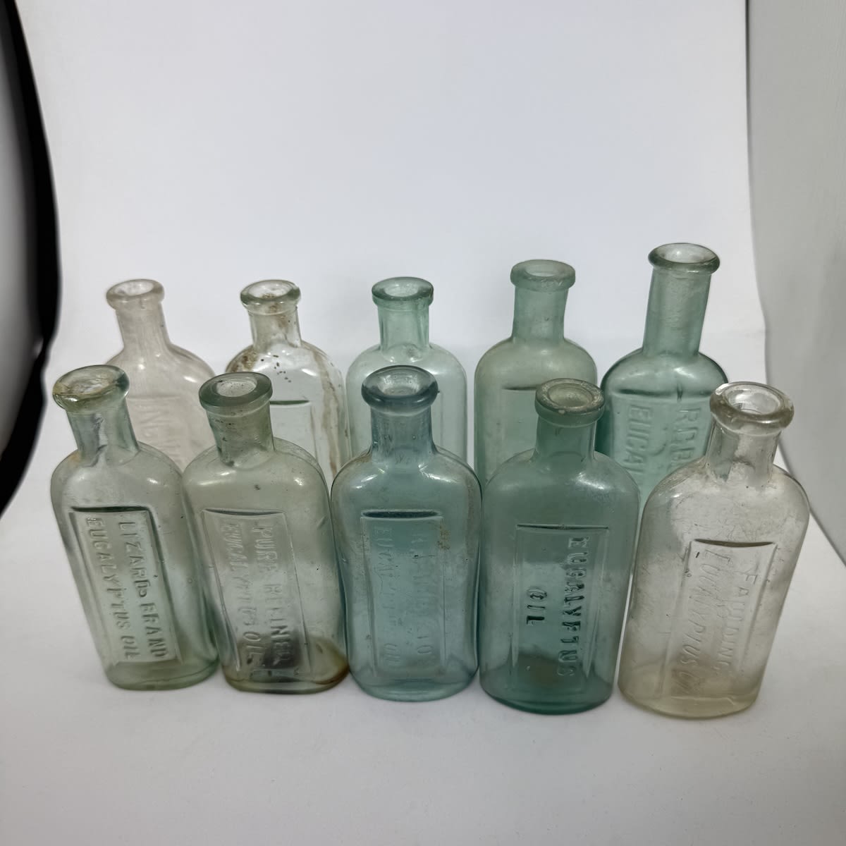 10 Eucalyptus Oils: 2 x R. G. Bosisto; Ingwersen's; Bickford's; 2 x Faulding's; Lizard Brand; Pure Refined; 2 x Generic.