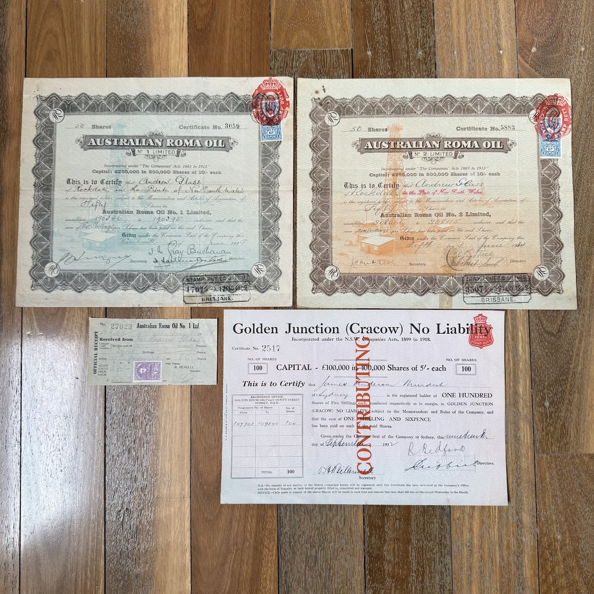 4 Items: Share Certificates for Australian Roma Oil No 1 and No 2. (plus instalment receipt for No 1). Share Certificate for Golden Junction (Cracow) No Liability. (Queensland & New South Wales)