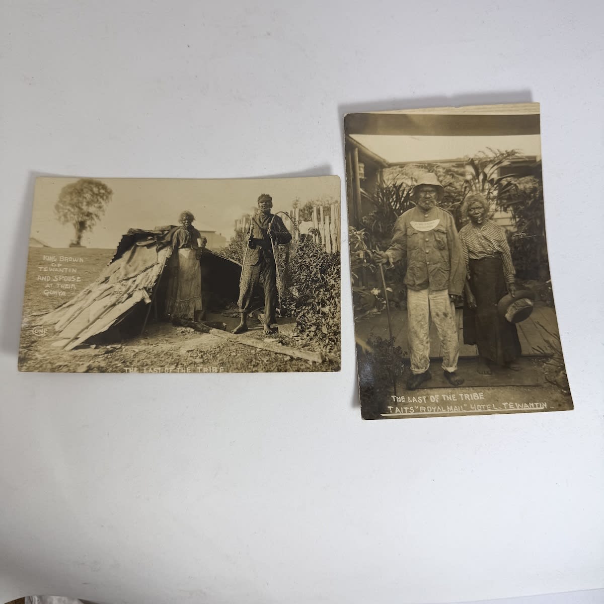 2 Postcards: King Brown of Tewantin and spouse at their Gunya; The last of the Tribe: Taits Royal Mail Hotel Tewantin. Empire Post Cards. (Queensland)