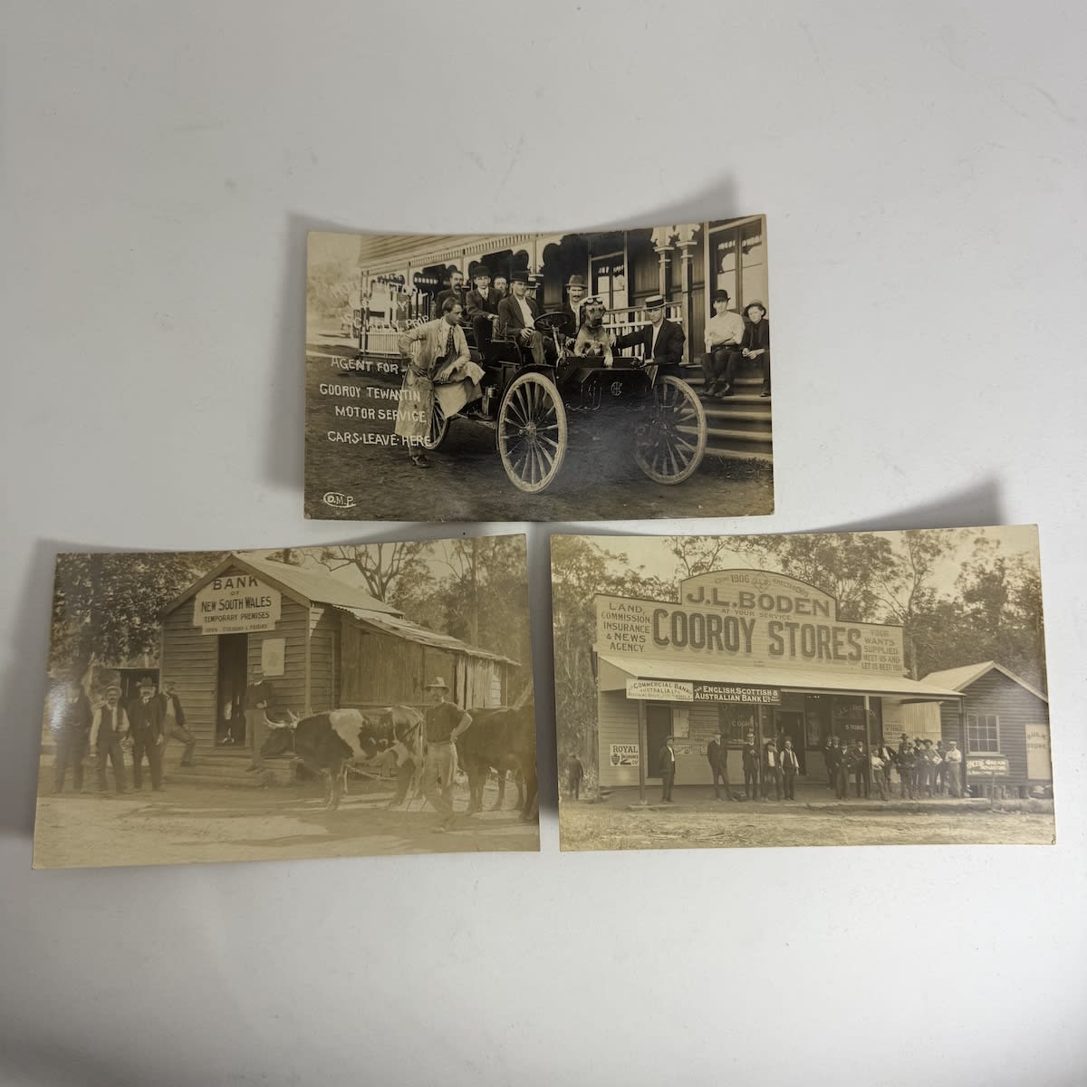 3 Postcards: Hotel Victory, Cooroy, S. C. Kelly Prop. Agent for Cooroy Tewantin Car Service; J. L. Boden Cooroy Stores; Bank of New South Wales (Cooroy?). (Queensland)