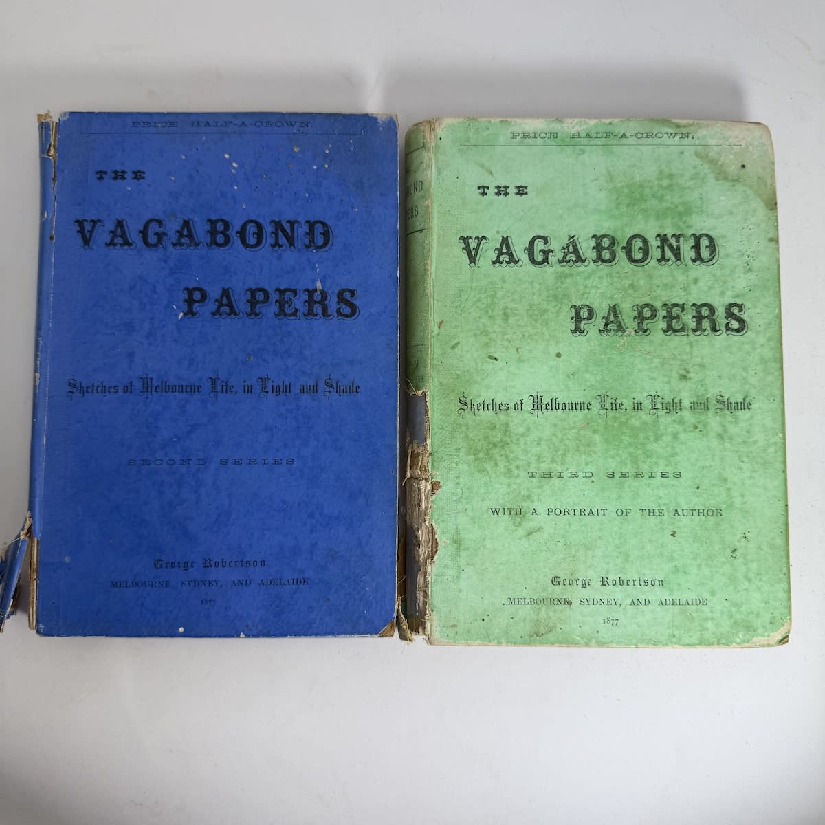2 Copies of the Vagabond Papers. Second & Third Series. Sketches of Melbourne Life in Light and Shade. The Argus. With book stamped for John Marshall Black Ayrdale, Merimbula. 1877.