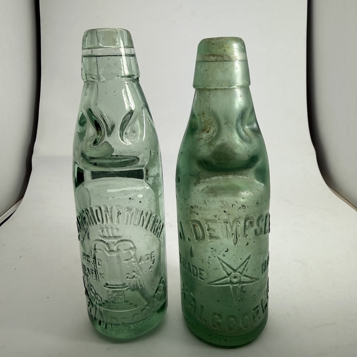 2 small Codds. Claremont Mineral Springs Coy Ltd. Niagara.; J. Dempsey, Kalgoorlie. Star trade mark. Dobson. (Western Australia)