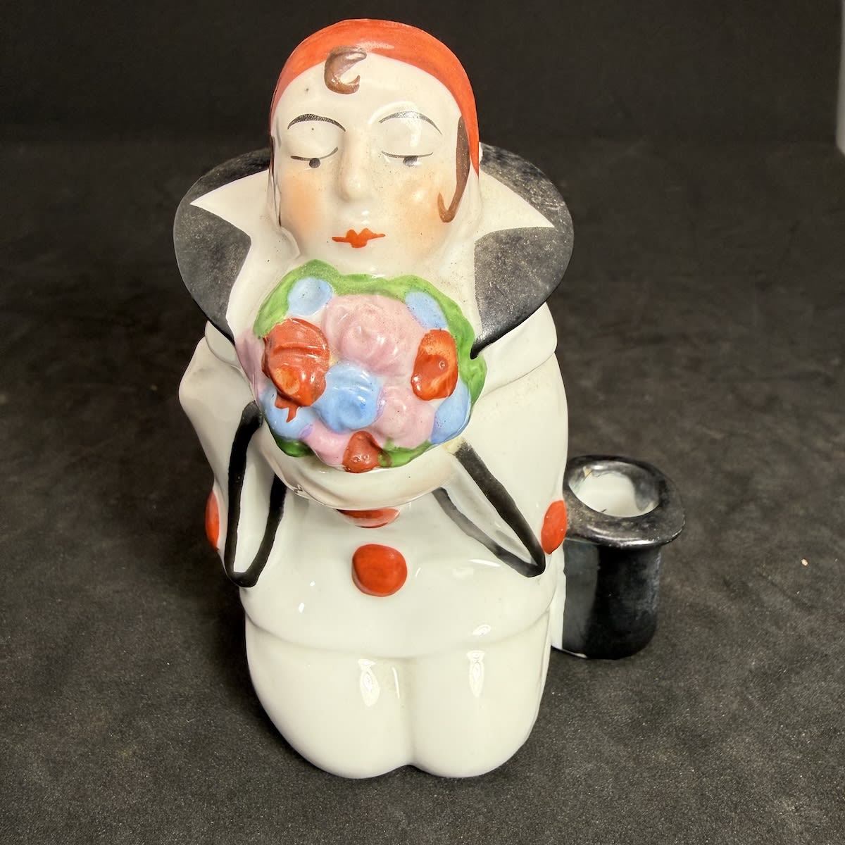 Ink. Pierrot Clown Inkwell. Porcelain. Top hat to side pen holder. Posie of Flowers.