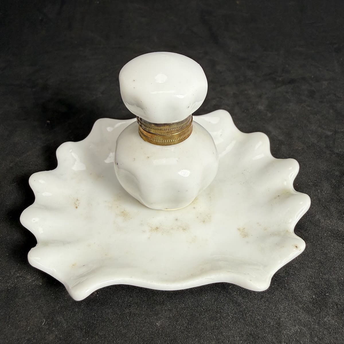 Porcelain Ink stand and inkwell. Brass fitting for lid. No markings.