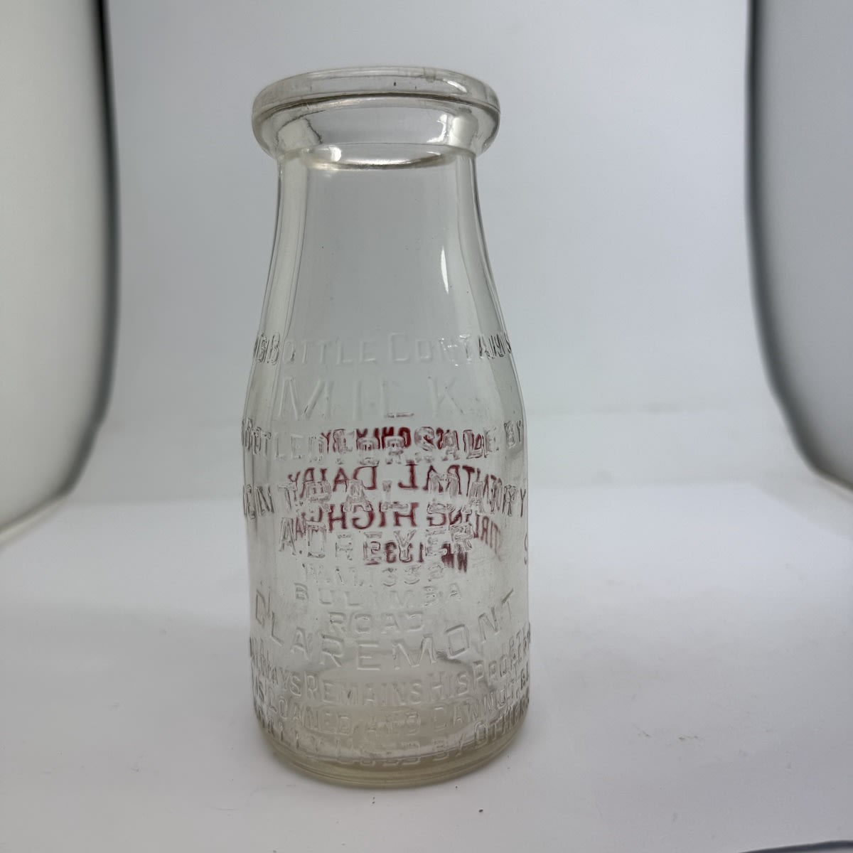 Milk. A. Dreyer, Central Dairy, Claremont. With Red Ceramic Label as well. Half Pint. Base number 423. (Western Australia)