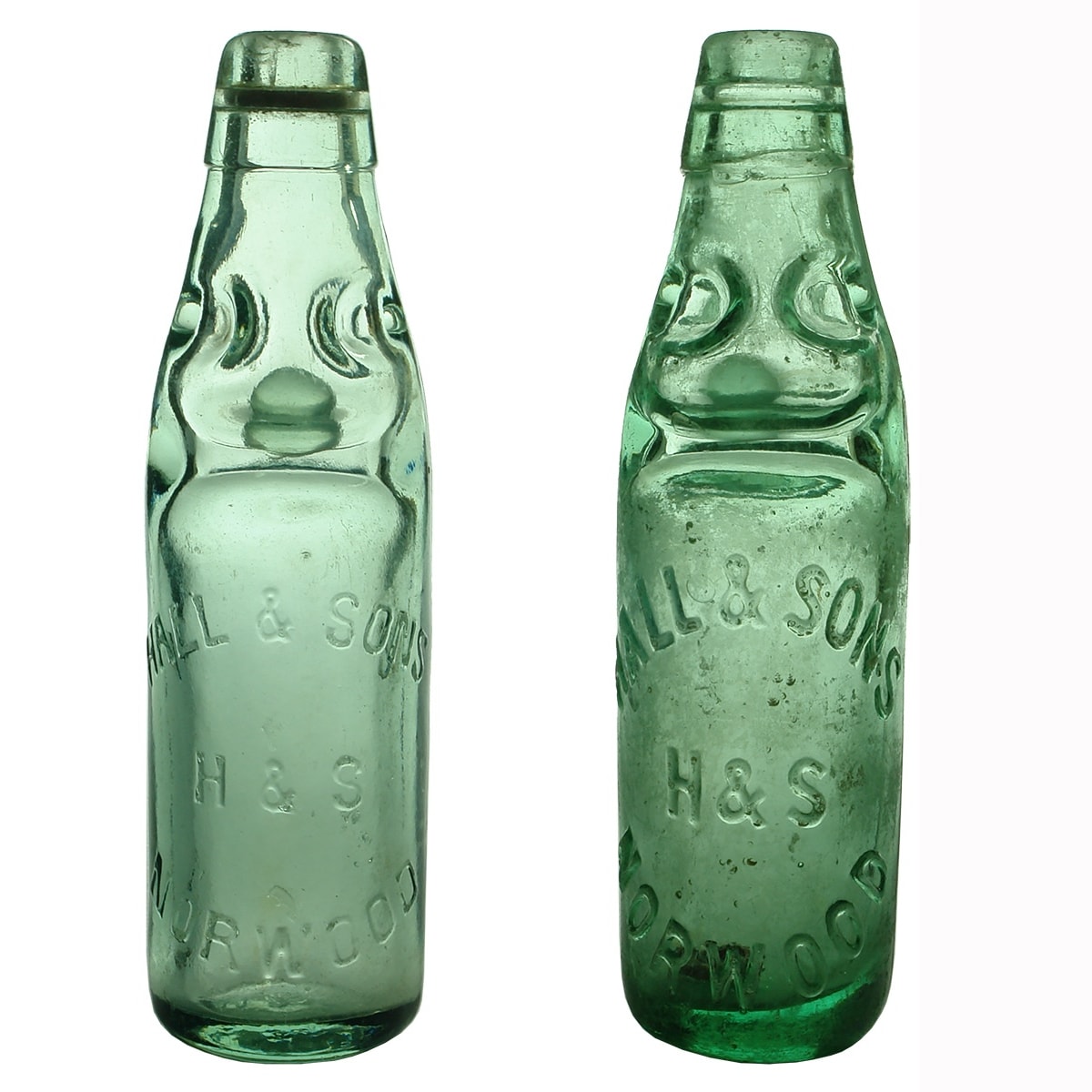 2 Codds: Both Hall & Sons, Norwood. Spun top and applied top. Latter has FBH base mark. 6 oz. (South Australia)