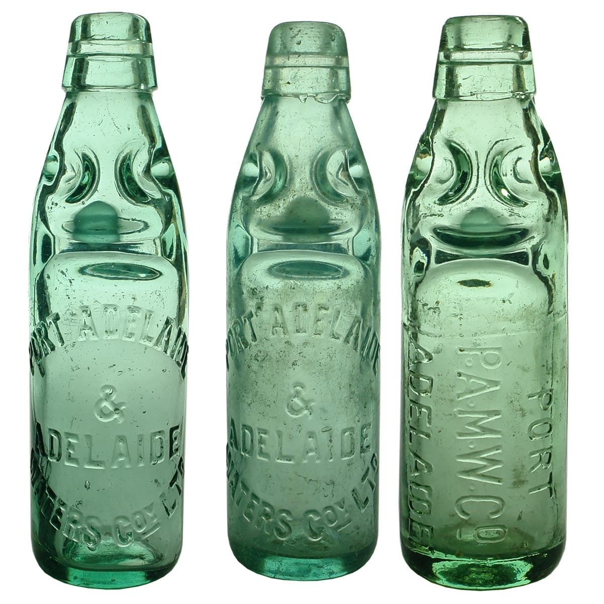 3 Codds: 2 x Port Adelaide & Adelaide Waters Co Ltd; PAMW Co Port Adelaide. 6 oz. (South Australia)