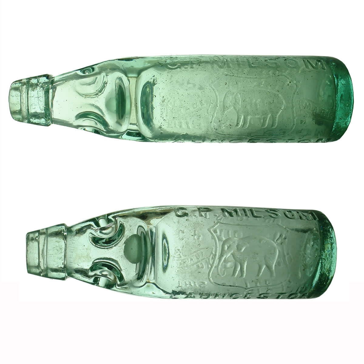 2 Codds: Large & Small G. P. Milsom, Launceston. Elephant. Writing down back. 10 & 6 oz. (Tasmania)
