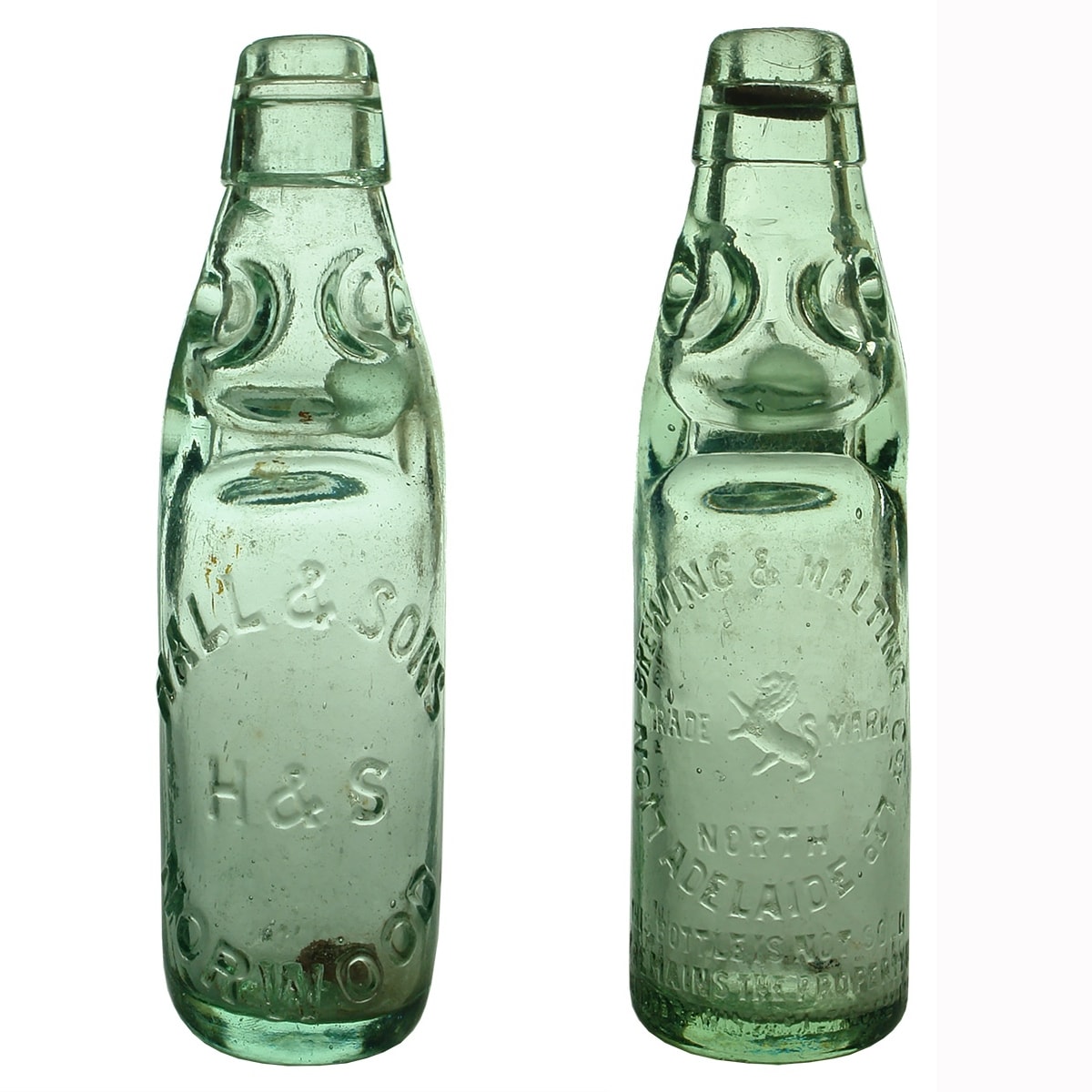 2 Codds: Hall & Sons, Norwood, Kilner Bros made; Lion Brewing & Malting Co North Adelaide. Lion. (South Australia)