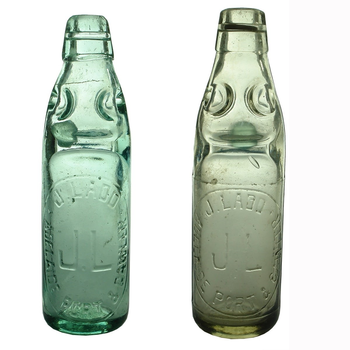 2 Codds: J. Ladd, Adelaide Port & Gawler. JL logo. Aqua with applied top, Clear with spun top. 6 oz. (South Australia)