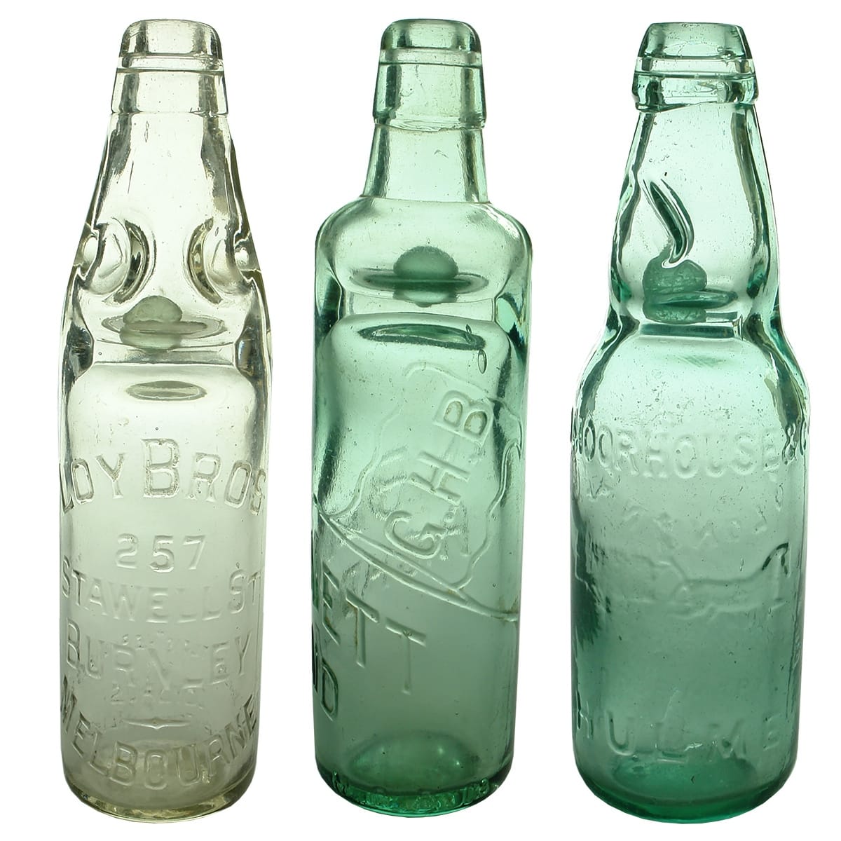 3 Codds: Loy Bros, Burnley; G. H. Bennett, Richmond; Moorhouse & Co Hulme early Codd's Patent. (Victoria & UK)