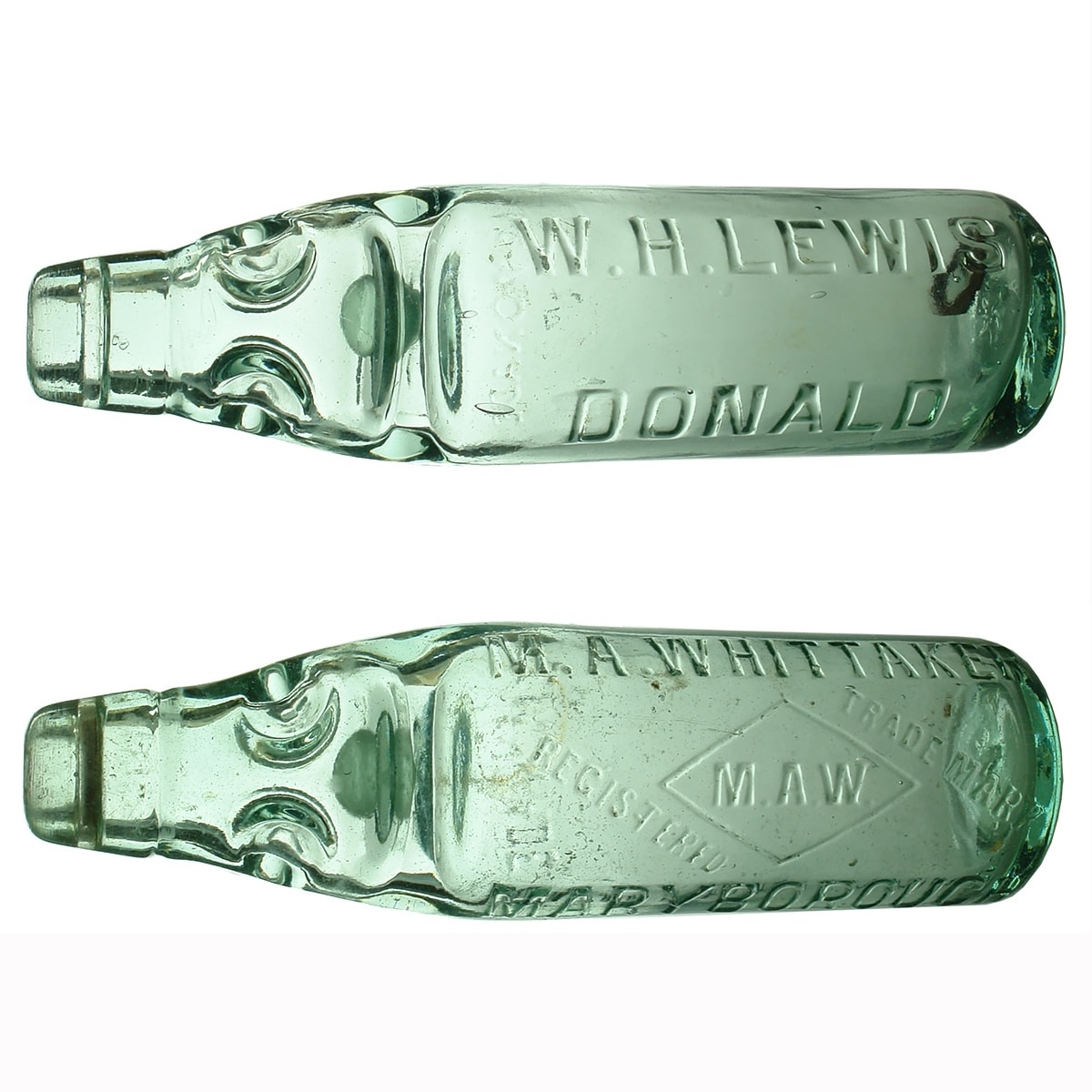 2 Codds: W. H. Lewis, Donald. Lemonade. M. A. Whittaker, Maryborough. Lemonade. 10 oz. (Victoria)