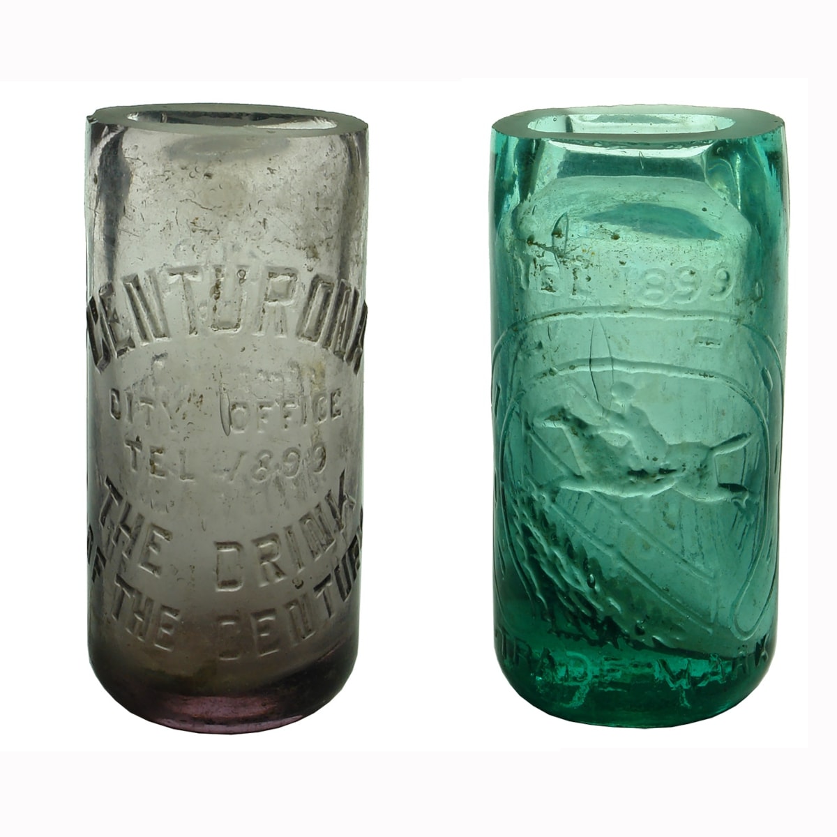 2 broken Codd Bottles: Centurona, The drink of the Century 10 oz Amethyst; Moonee Valley Coy Melbourne. A base mark. (Victoria)