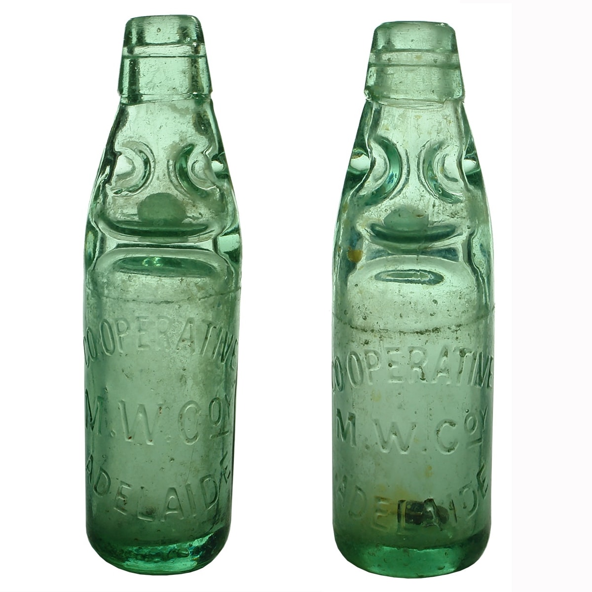 2 Codds: Co-operative Mineral Water Co Adelaide. 6 & 5 oz sizes - distinctly different. FBH base marks. (South Australia)