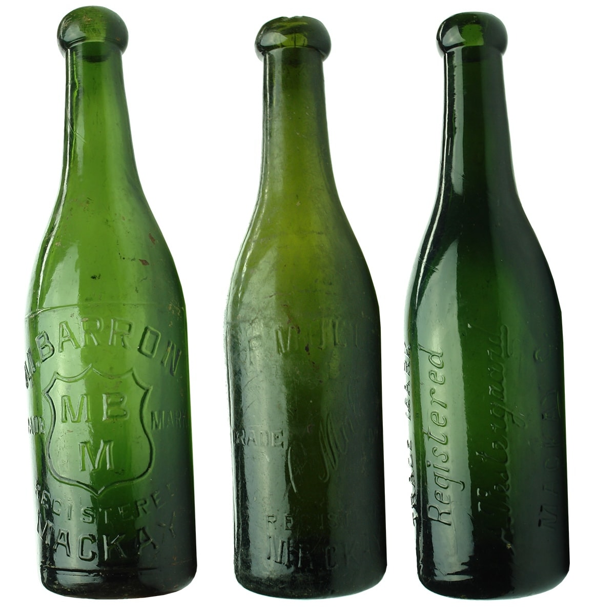 3 Tall Blob top Sodas from Mackay. M. Barron, Shield trade mark; P. Mullen; A. Vestergaard. (Queensland)