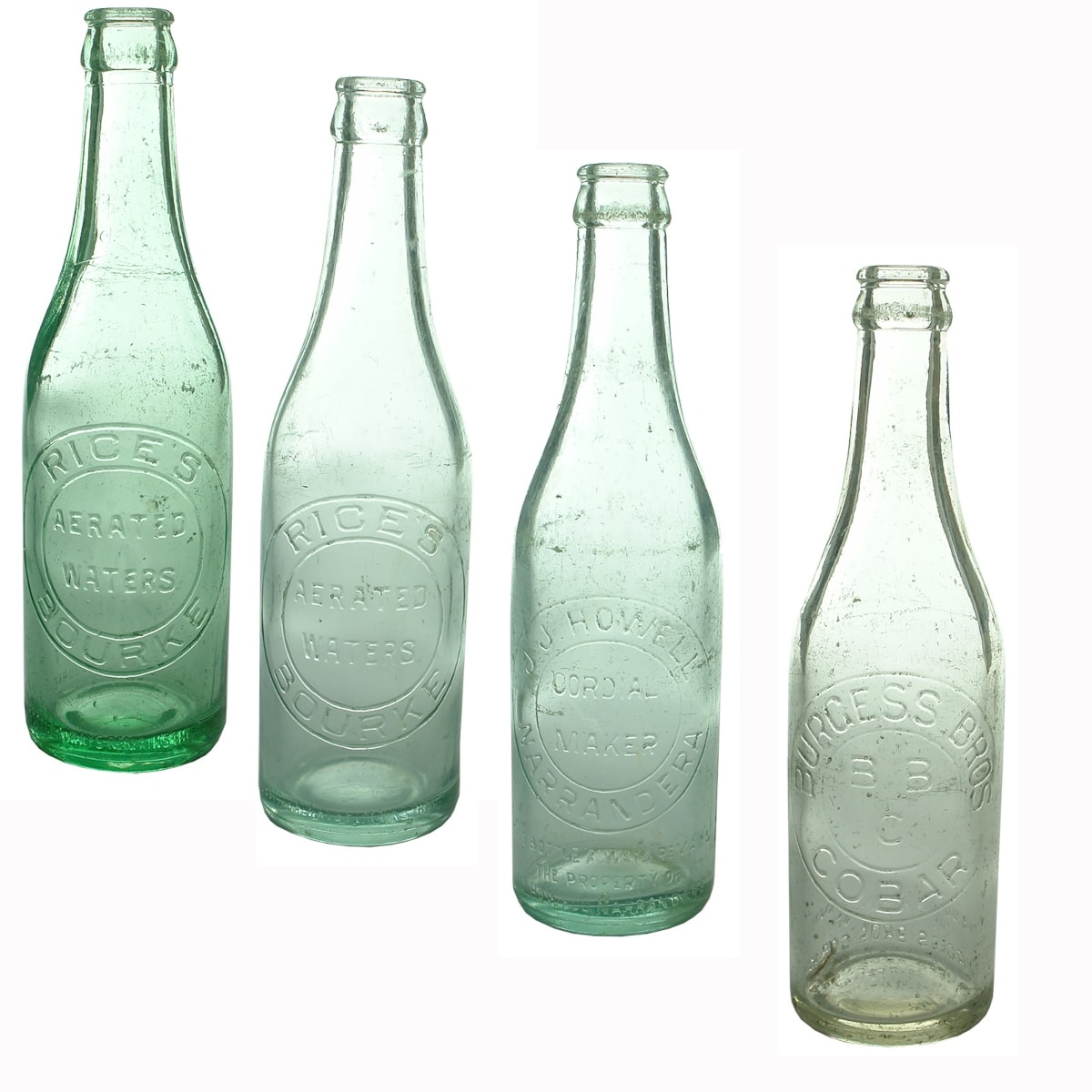4 Crown Seals: 2 x Rice's Bourke (Different Shades of Aqua); J. J. Howell, Narrandera; Burgess Bros, Cobar. (New South Wales)