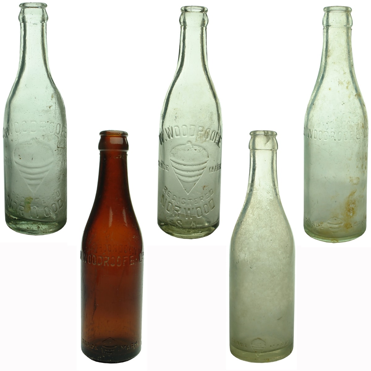 5 W. Woodroofe Norwood Crown Seals. Champagne shapes. Clear & Amber. Spinning top. (South Australia)