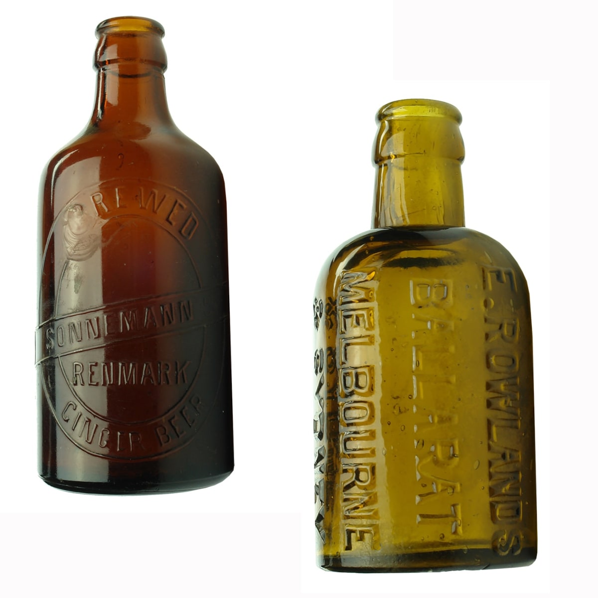 2 Dumpy Crown Seals: Sonnemann's Brewed Ginger Beer, Renmark and split size E. Rowlands, Ballarat, Melbourne & Sydney.