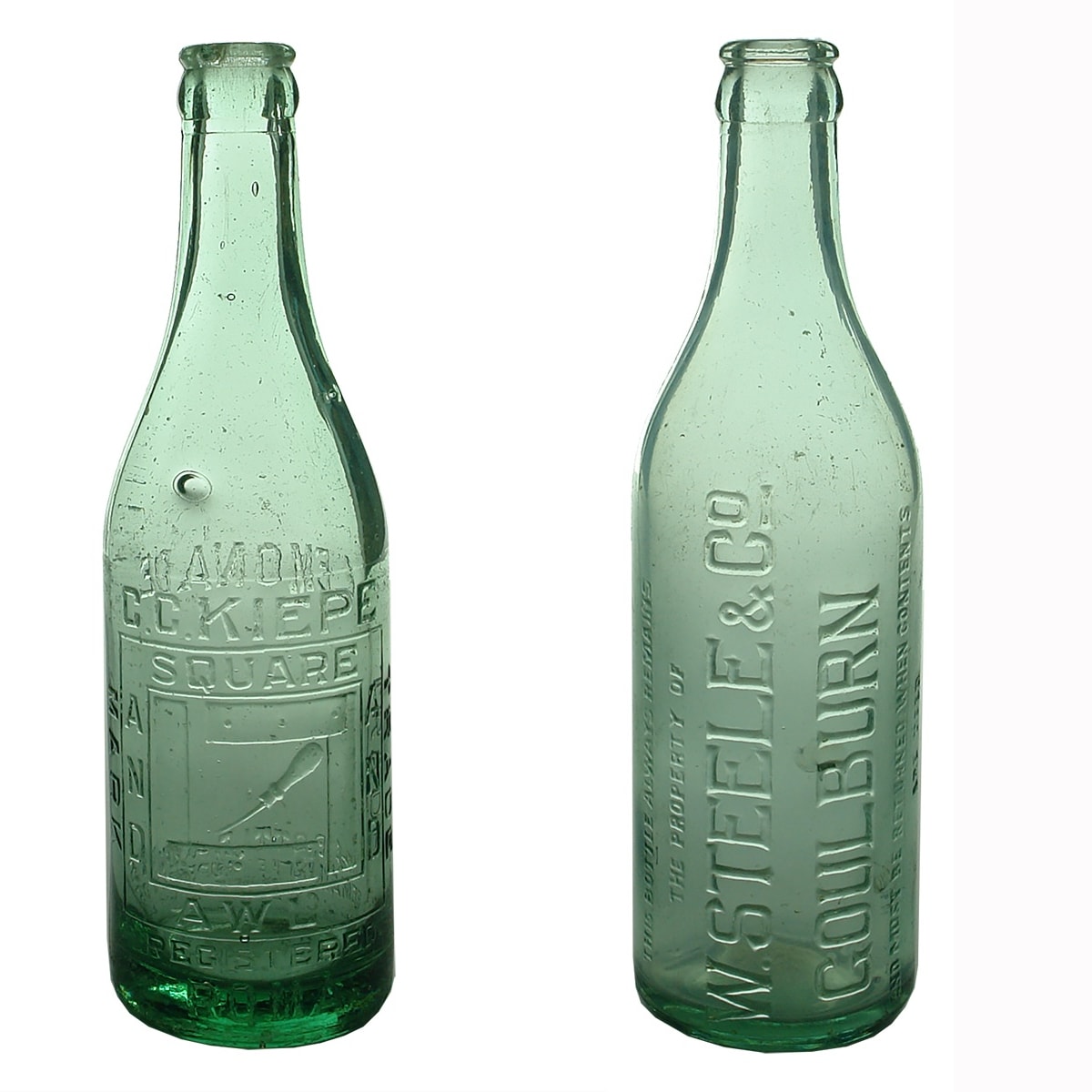 2 Crown Seals: C. C. Kiepe Roma; W. Steele & Co., Goulburn. Aqua. 10 oz. (Queensland & New South Wales)