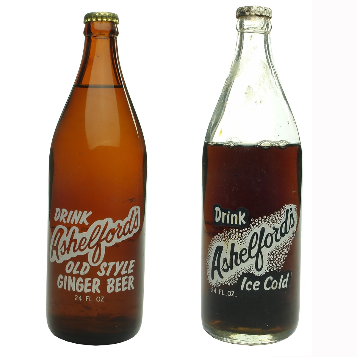 2 Ceramic Label Crown Seals: Ashelfords, N. & F. Ashelford Pty Ltd Bathurst. Ginger Beer and Club Jiffy (on cap). (New South Wales)