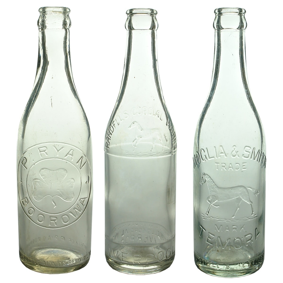 3 Crown Seals. P. Ryan, Boorowa, Shamrock; Randell's Cordial Works, Liverpool, Horse; Moglia & Smith, Temora, Horse. 10 oz. (New South Wales)