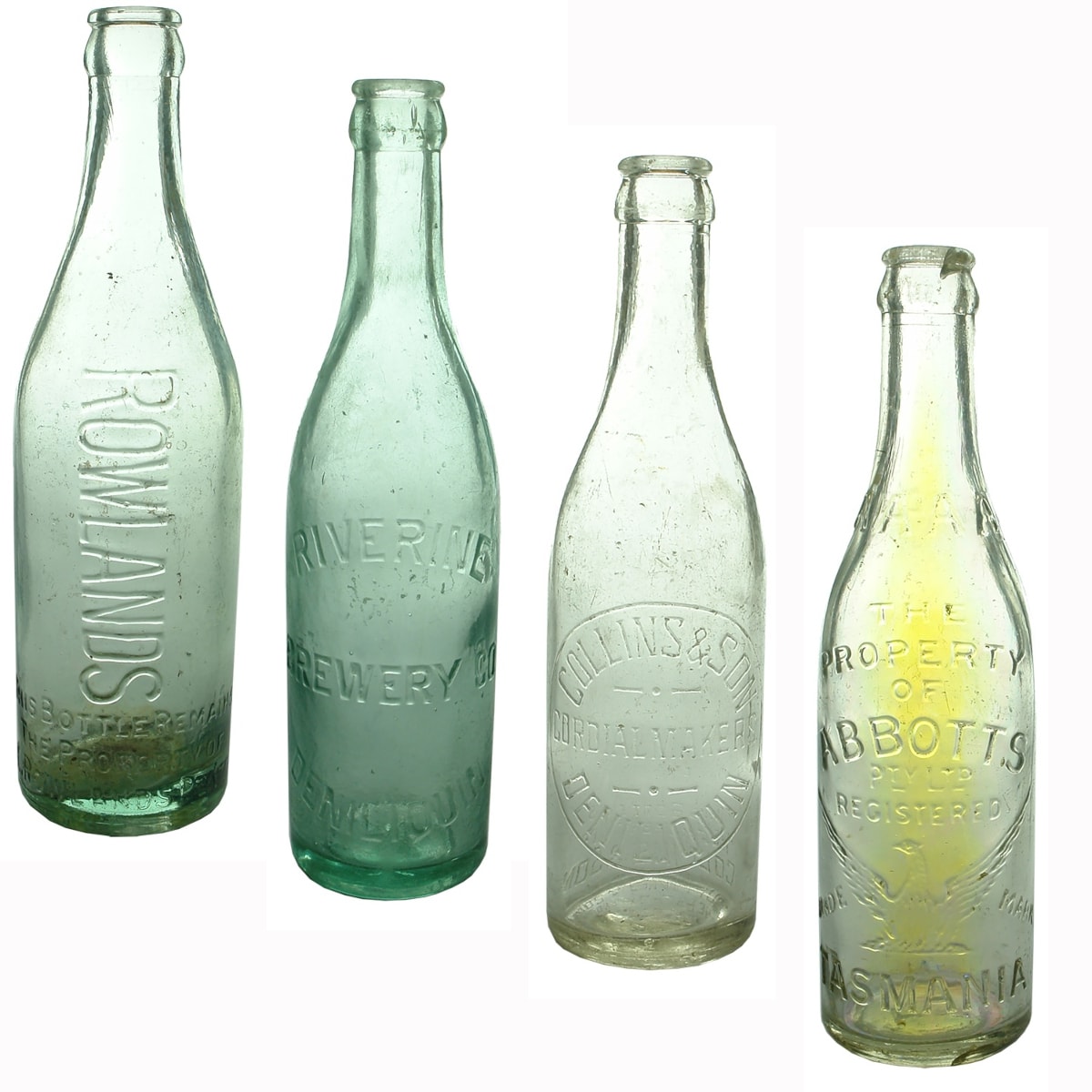 4 Crown Seals: Rowlands Pty Ltd (Earlier AGM type); Riverine Brewery Deniliquin (spun top); Collins & Son Deniliquin; Abbotts Tasmania.