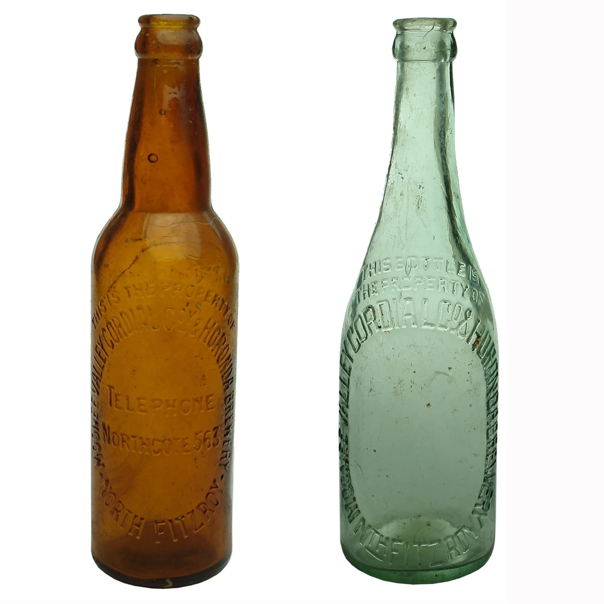 2 Crown Seals. Both Moonee Valley Cordial Coy & Horonda Brewery, North Fitzroy. Shouldered Amber and Champagne shape Aqua. 10 oz. (Victoria)