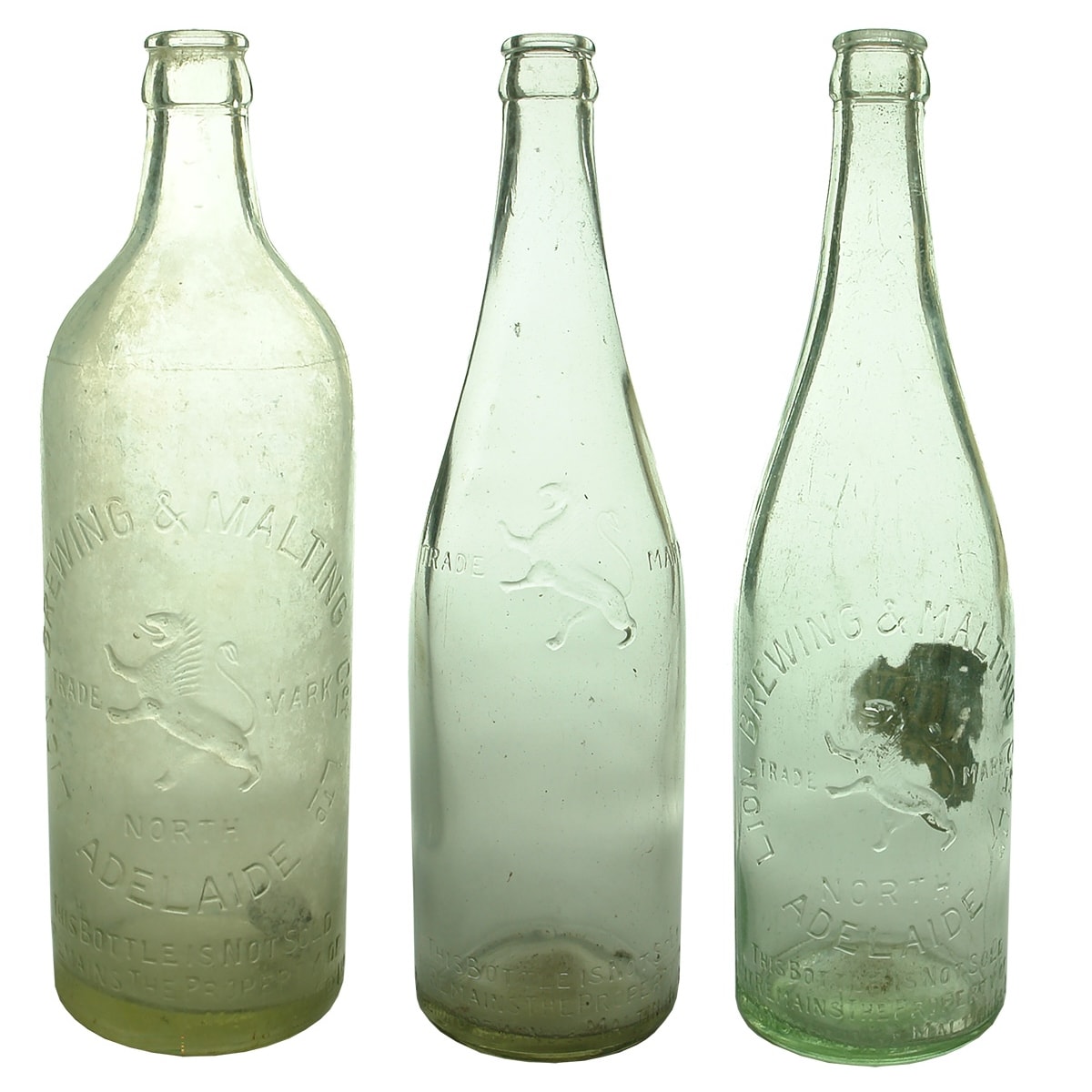 3 different large Lion Brewing & Malting Coy Ltd North Adelaide Crown Seals. Clear & Aqua. (South Australia)