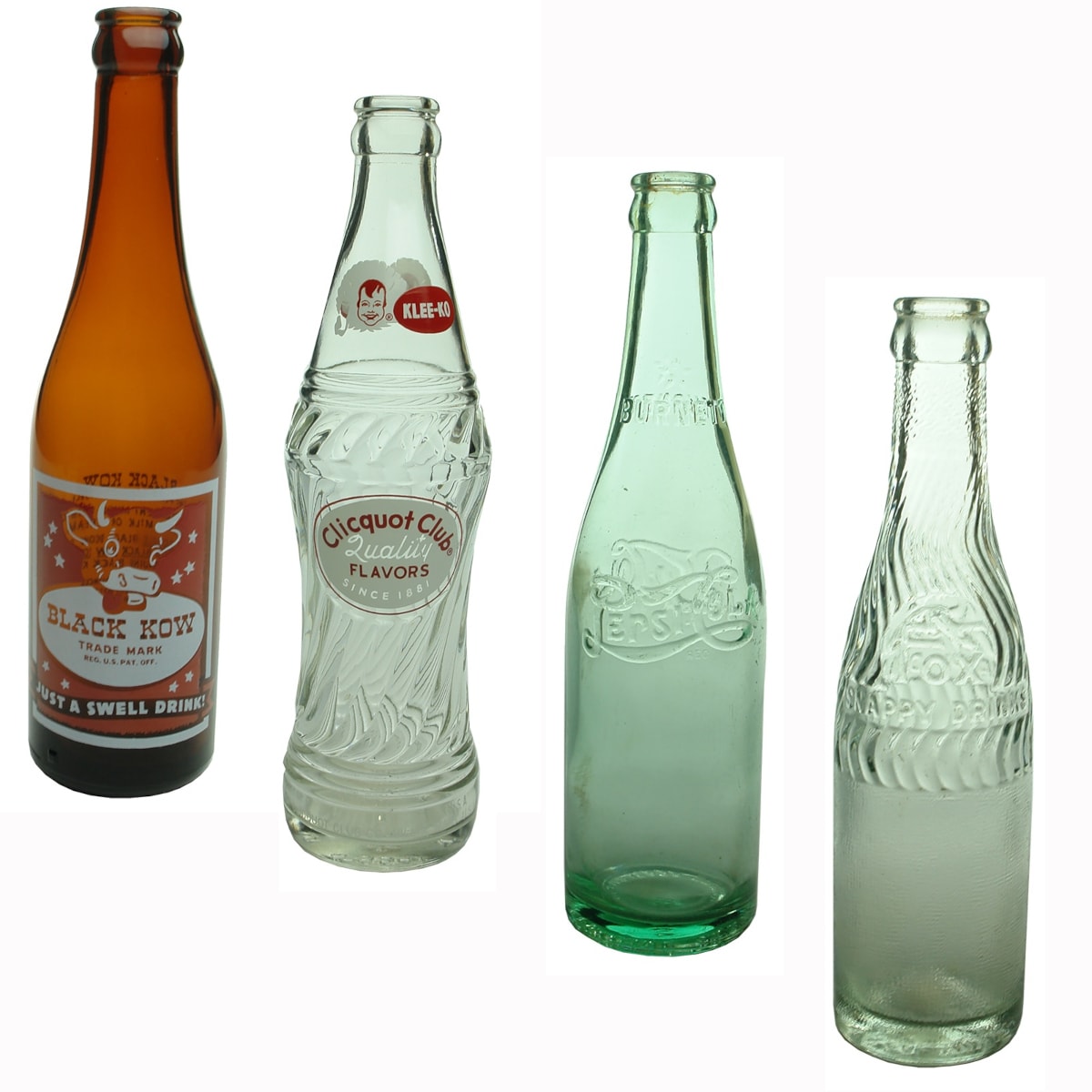 4 USA Crown Seals: Black Kow, Columbus Ohio; Clicquot Club, Millis, Massachusetts; Burnett Pepsi-Cola, Durham, North Carolina; Fox Snappy Drinks, Seattle, Washington. (USA)