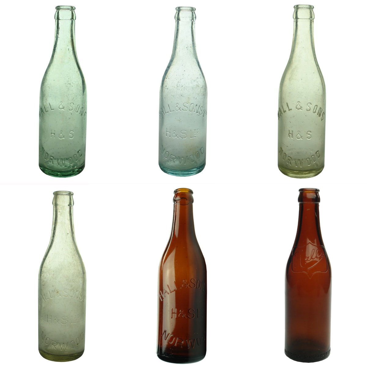 6 different Hall & Sons (and Hall & Sons Ltd) Norwood Crown Seals. Aqua, Clear & Amber. 10 oz. (South Australia)