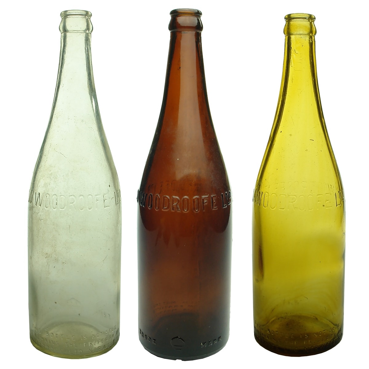 3 Large Crown Seals: W. Woodroofe Ltd Norwood. Clear, Dark Amber & Honey Amber. (South Australia)