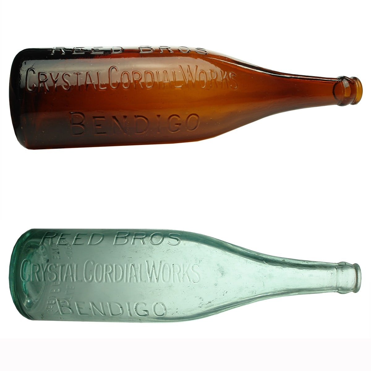 Pair of Crown Seals. Reed Bros, Crystal Cordial Works, Bendigo. Amber & Aqua. 26 oz. (Victoria)