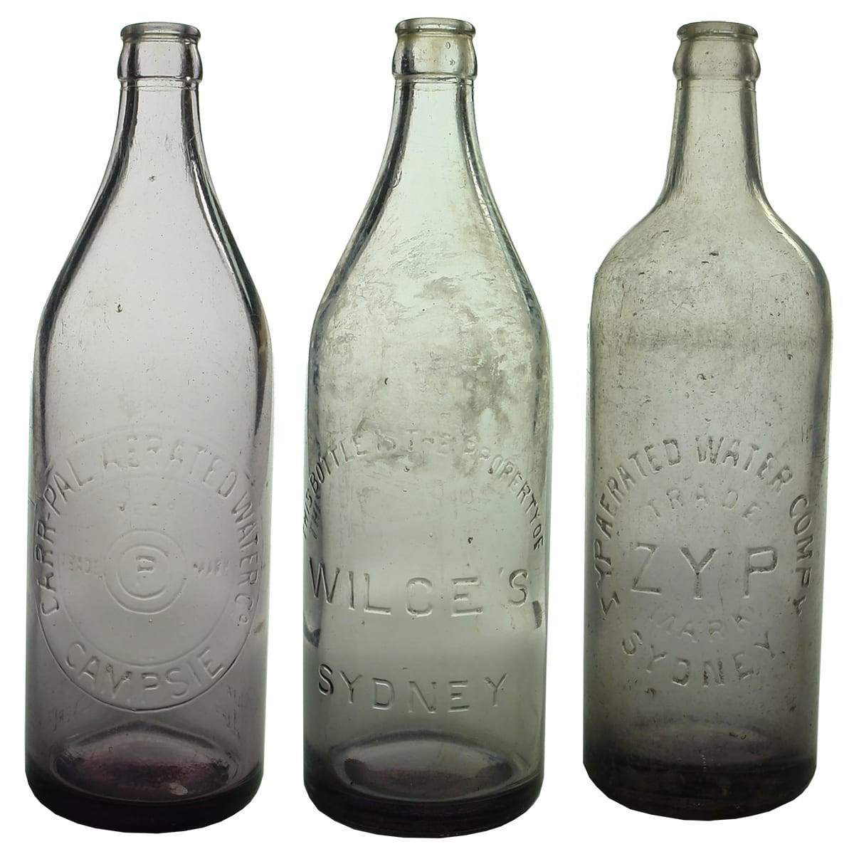 3 Large Amethyst Crown Seals: Carr-Pal Aerated Water Co., Campsie; Wilce's, Sydney; Zyp Aerated Water Co., Sydney. (New South Wales)