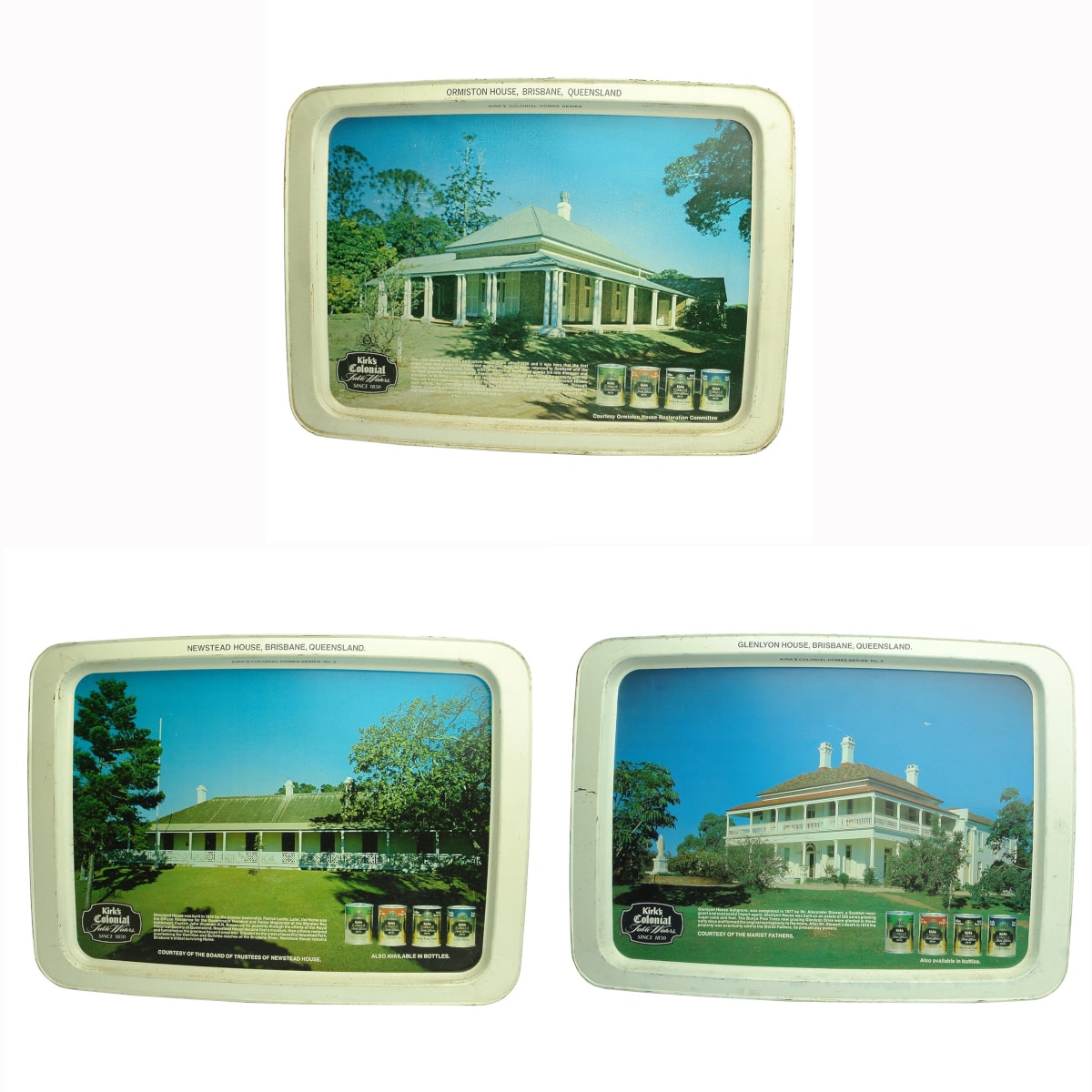 3 Serving Trays. Kirk's Colonial Table Waters. Kirk's Colonial Homes Series 1, 2 & 3. Ormiston House, Newstead House, Glenlyon House, Brisbane. (Queensland)