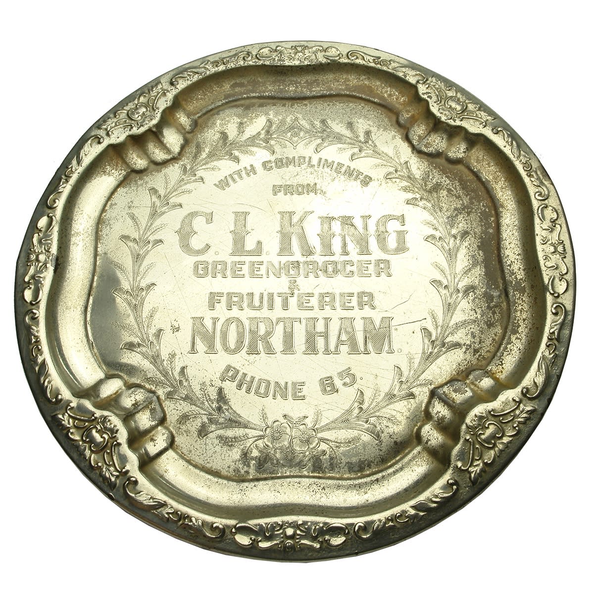 Advertising Serving Tray. C. L. King, Greengrocer & Fruiterer, Northam. Floral Pattern. (Western Australia)